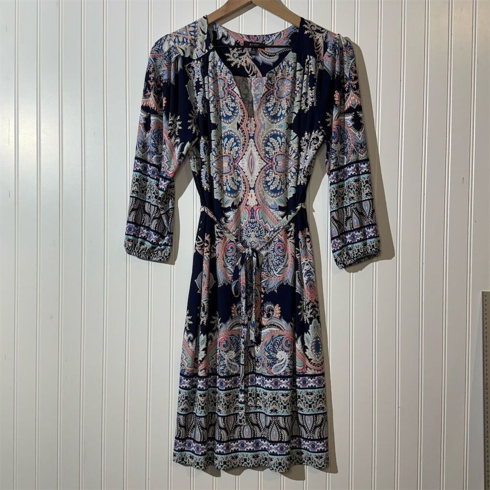A.U.W Women’s Boho Paisley Peasant Dress 6 Navy Blue Pink Flowy Midi Coastal
